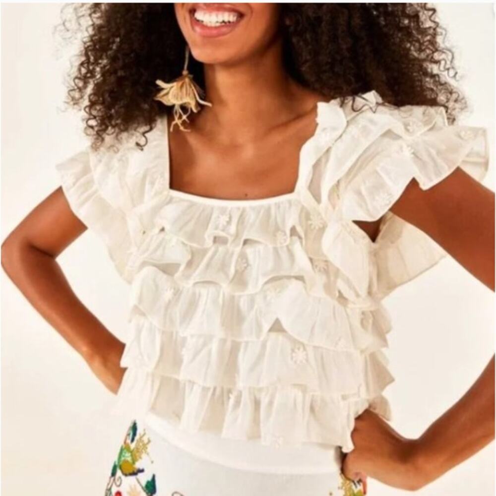 Farm Rio 3d Flower Layered Ruffles Blouse Top Off White 100% Cotton Size XL